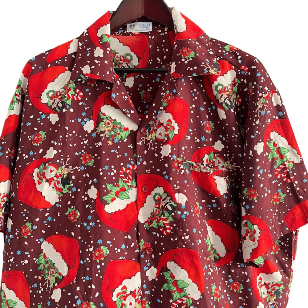 V.H.O. Christmas Hawaiian Shirt Mens XXL Santa Hat Candy Cane Floral Holiday SS